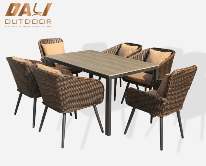 High End 7PCS Patio Outdoor Meja Dan Kursi Set Furnitur Rotan Taman Untuk Ruang Makan