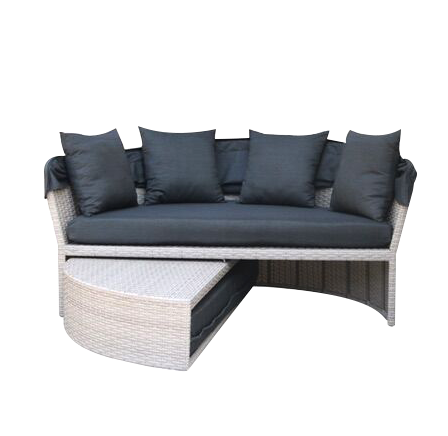 Outdoor Sunbed 2-in-1 Round Poly Rattan Wicker Black Daybed Sofa Garden dengan Retractable Canopy
