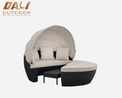 Daybed Luar Ruangan 2-in-1 Poly Rotan Sunbed dengan Kanopi
